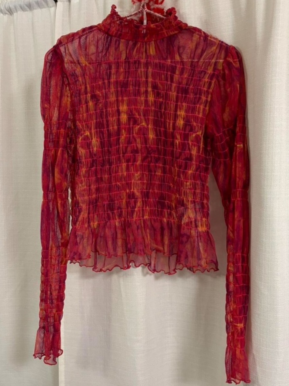 Free People Sheer Red and Orange Smocked Ruffle-Neck Long Sleeve Top